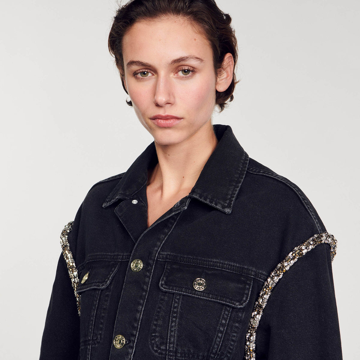 Sandro Oversized denim jacket with rhinestones
