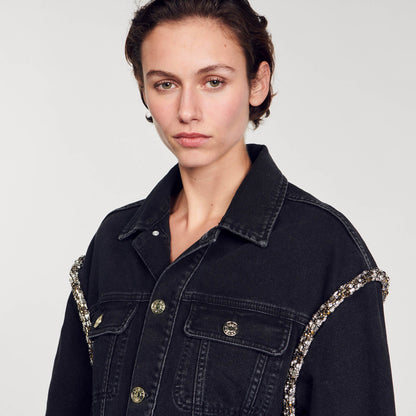 Sandro Oversized denim jacket with rhinestones