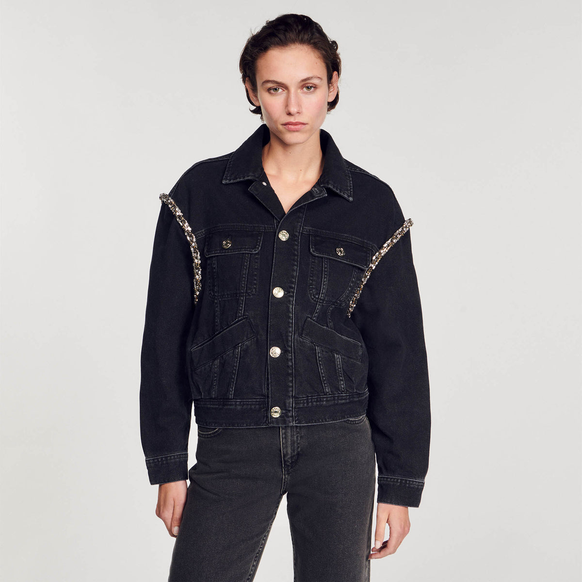 Sandro Oversized denim jacket with rhinestones