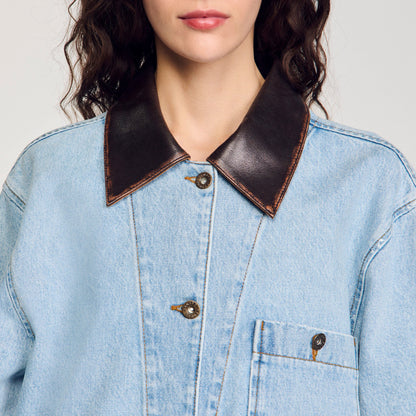 Sandro Denim jacket with leather collar