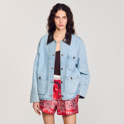 Sandro Denim jacket with leather collar