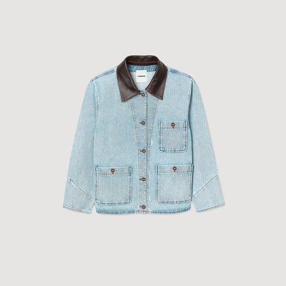 Sandro Denim jacket with leather collar