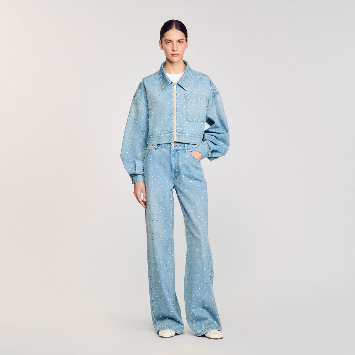 Sandro Beaded and rhinestone denim jacket