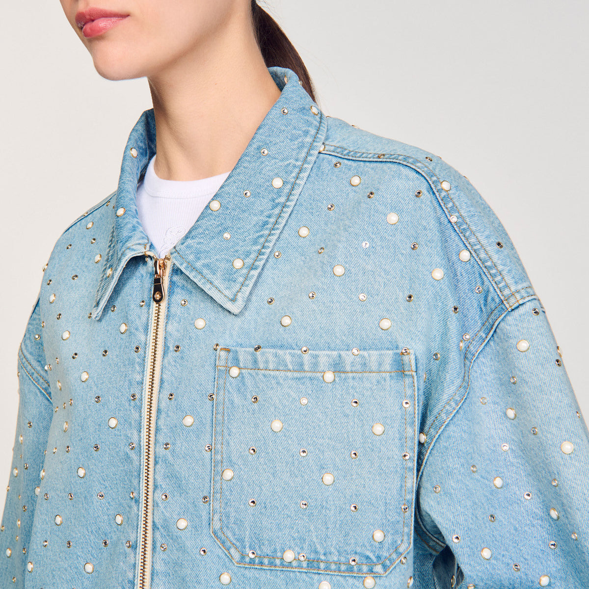 Sandro Beaded and rhinestone denim jacket