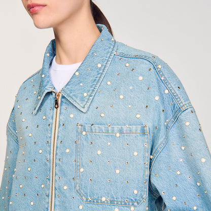 Sandro Beaded and rhinestone denim jacket