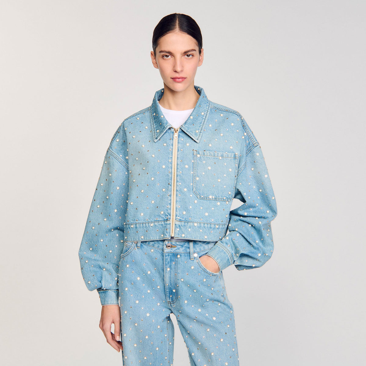 Sandro Beaded and rhinestone denim jacket