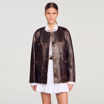 Sandro Long distressed leather jacket