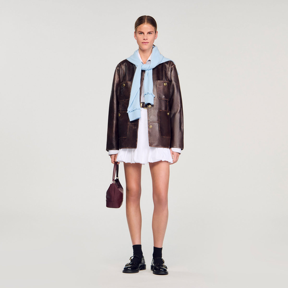 Sandro Long distressed leather jacket