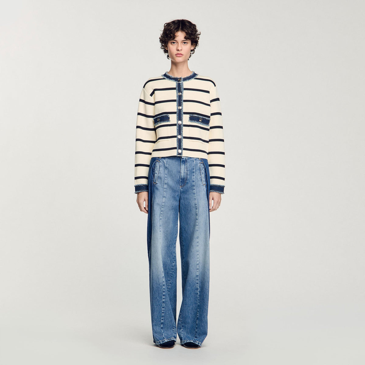 Sandro Striped cardigan with denim details