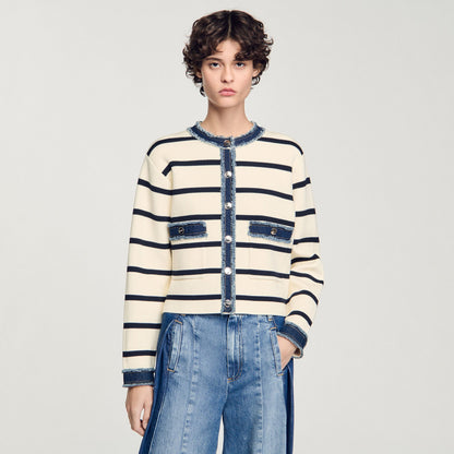 Sandro Striped cardigan with denim details