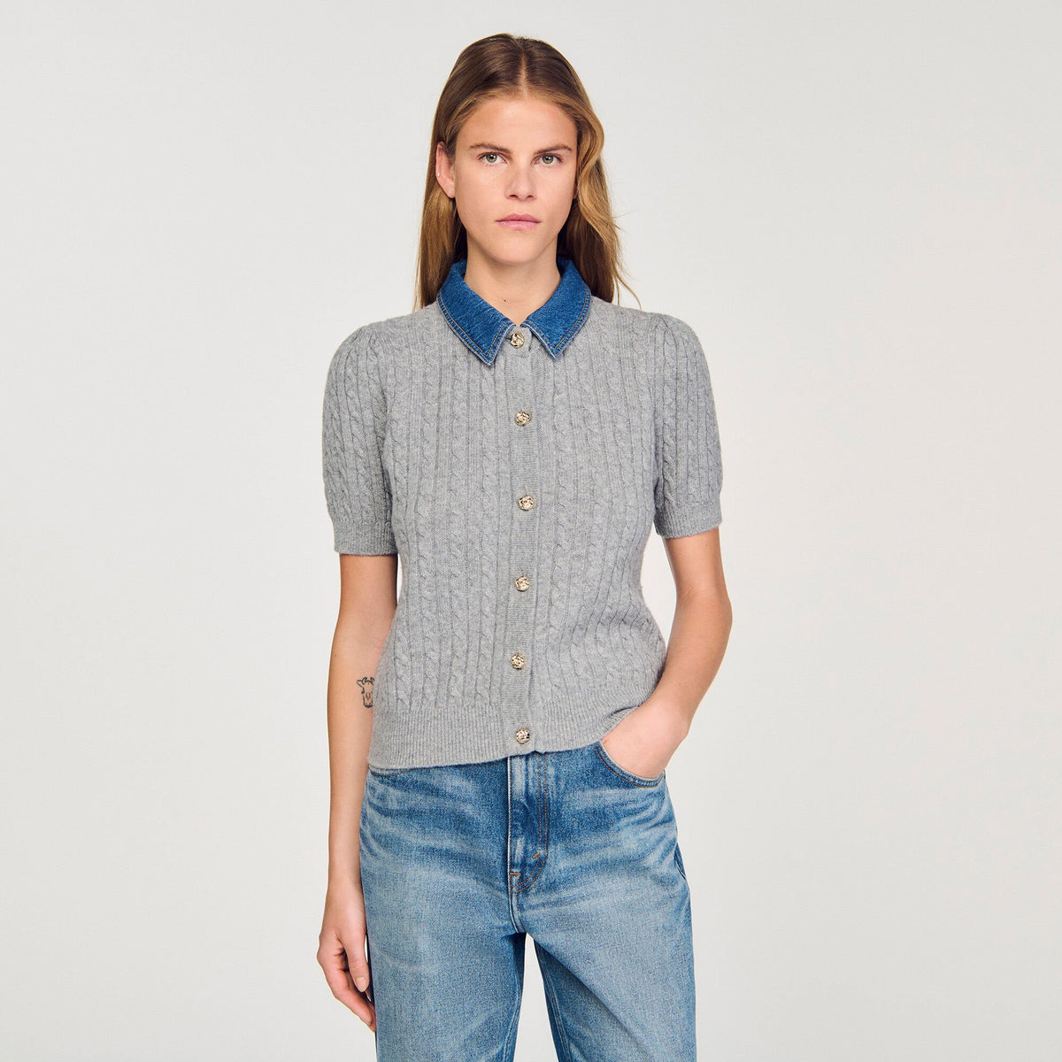 Sandro Cardigan with denim collar