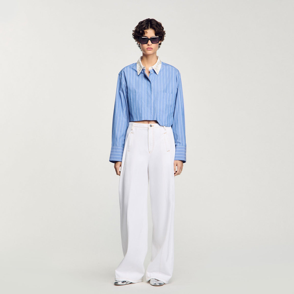 Sandro Striped cropped shirt with rhinestone