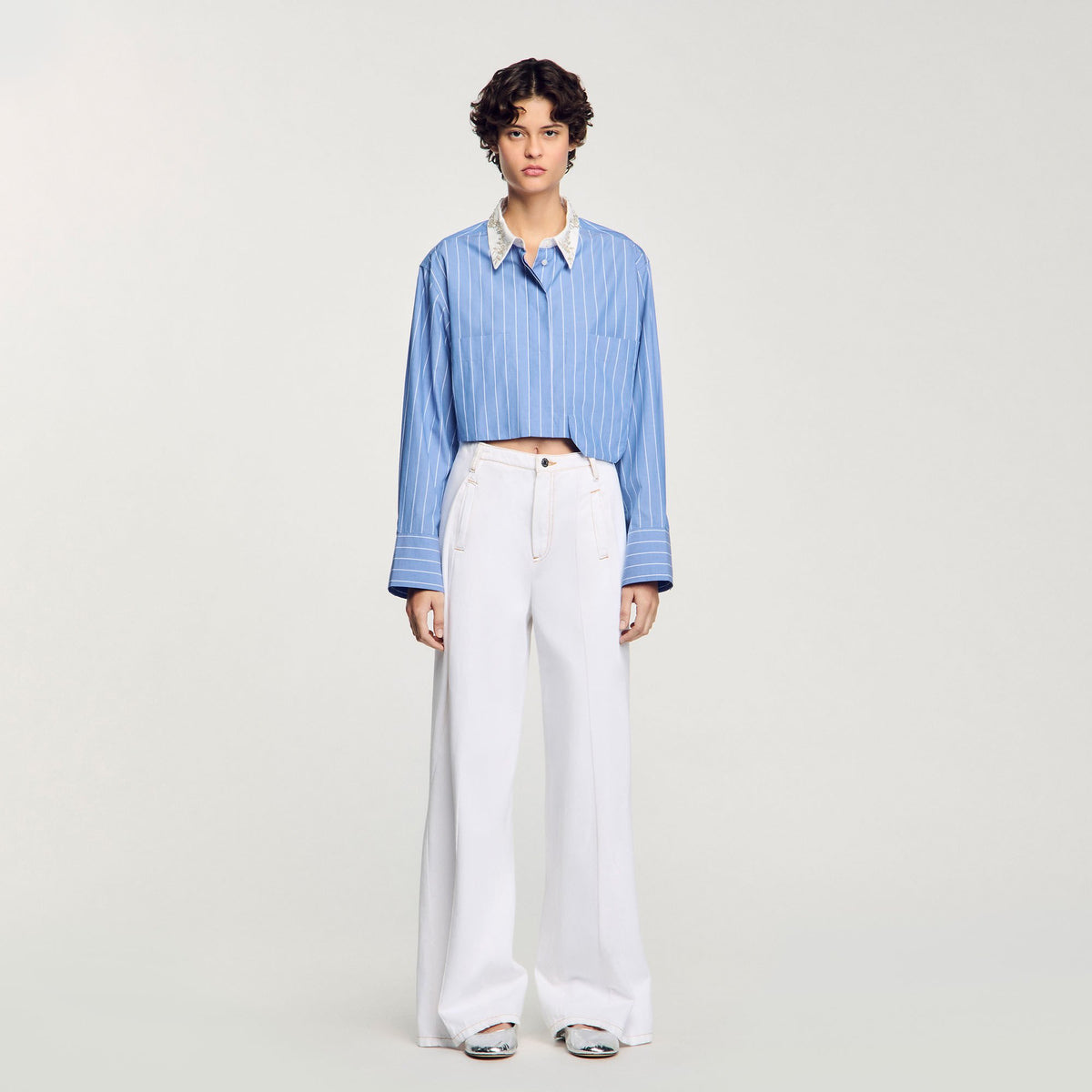 Sandro Striped cropped shirt with rhinestone
