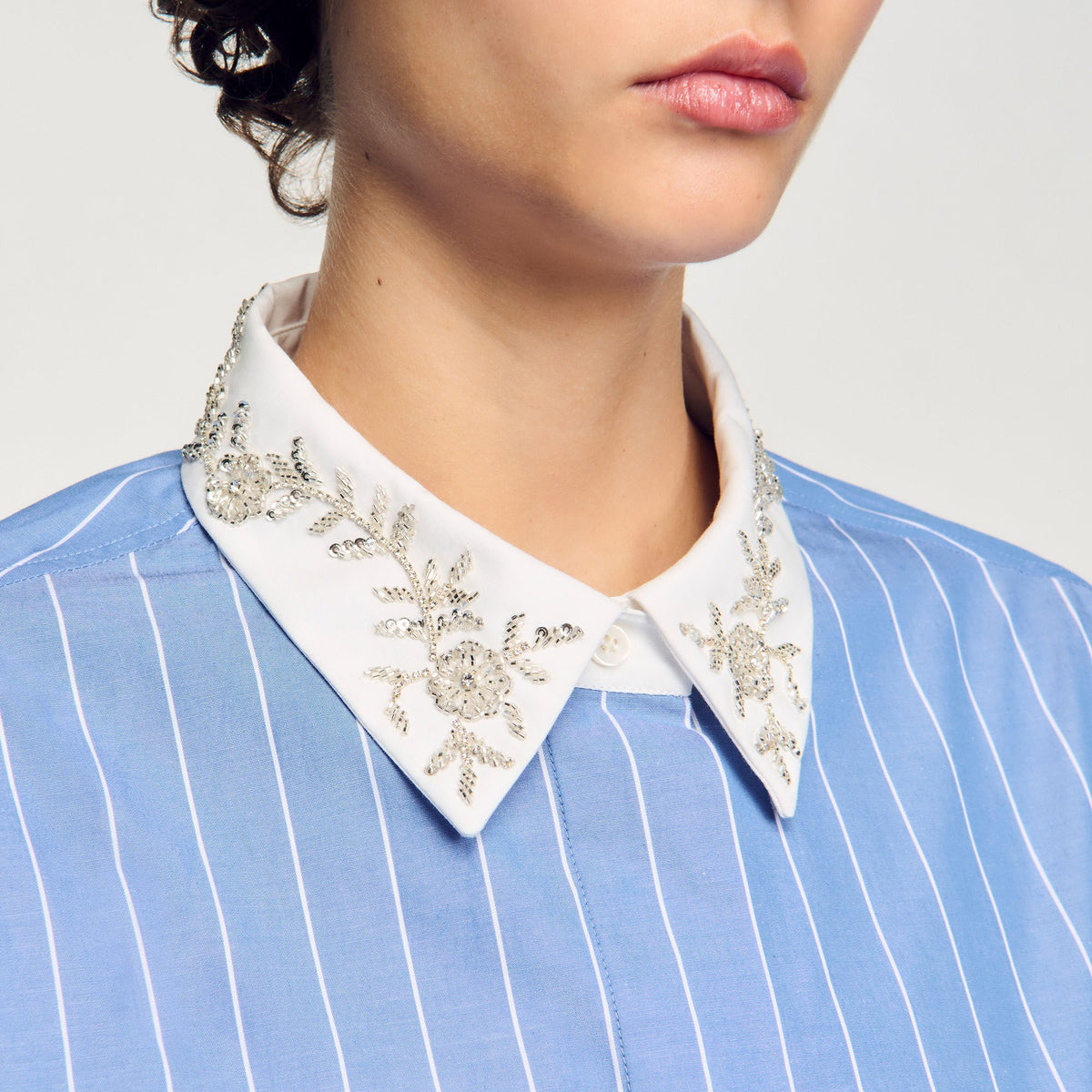 Sandro Striped cropped shirt with rhinestone