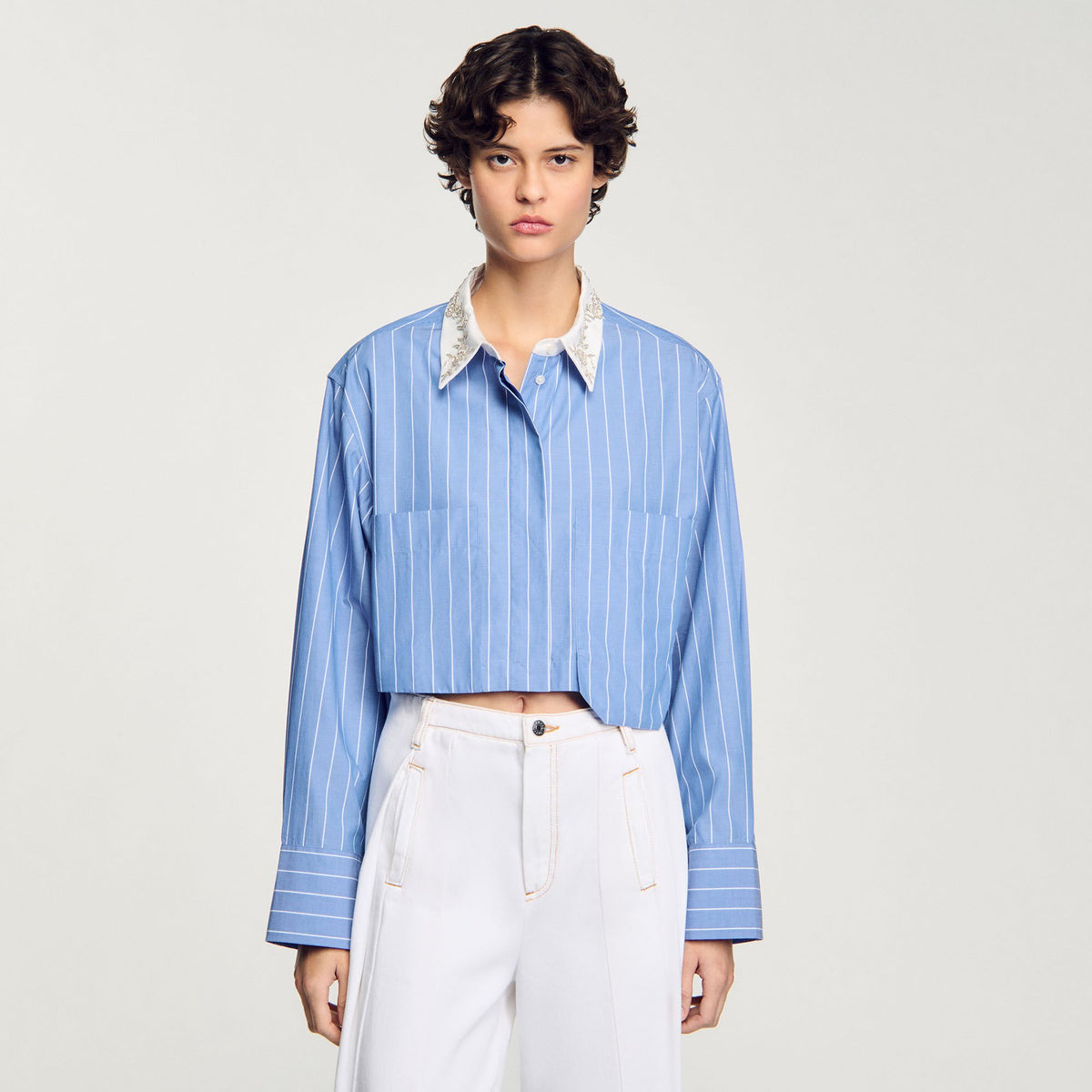 Sandro Striped cropped shirt with rhinestone