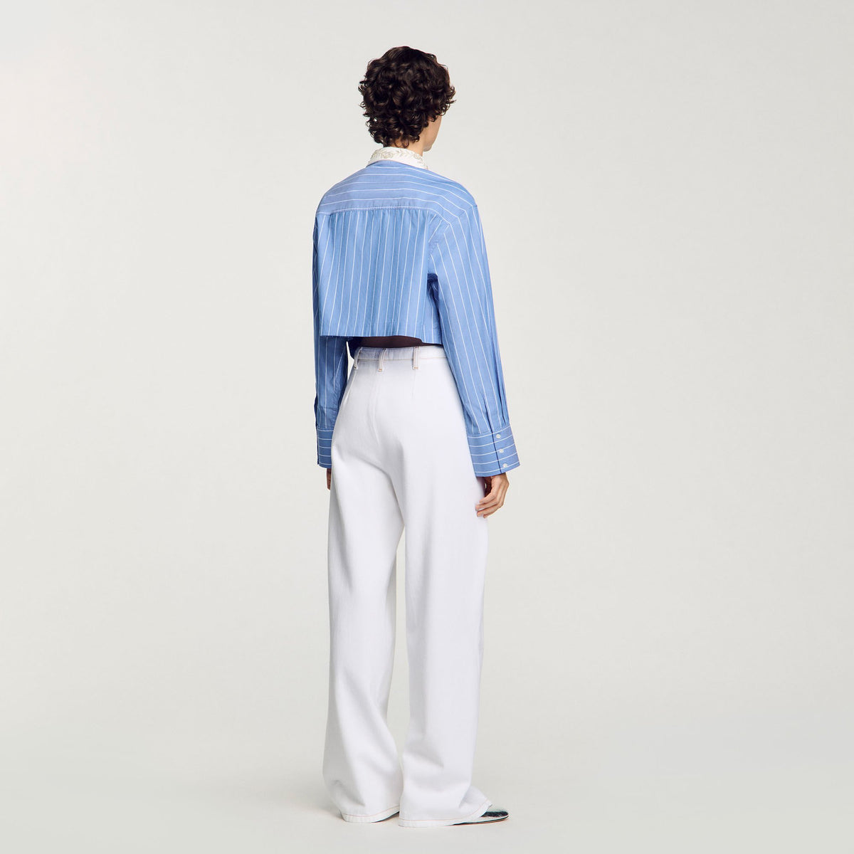 Sandro Striped cropped shirt with rhinestone
