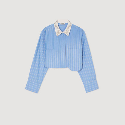 Sandro Striped cropped shirt with rhinestone