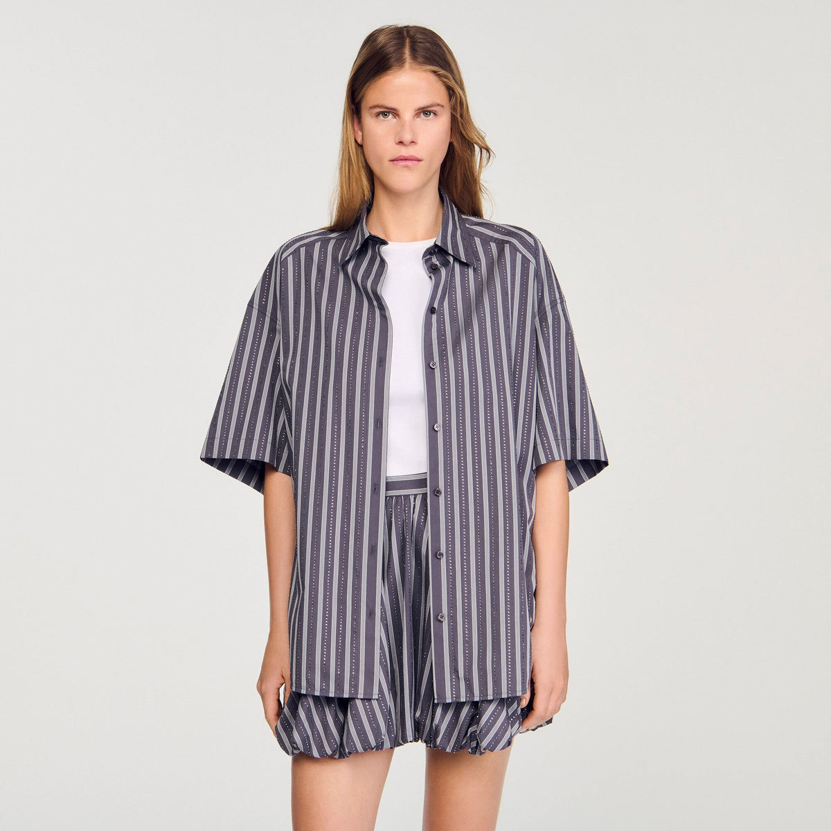 Sandro Oversized striped rhinestone shirt