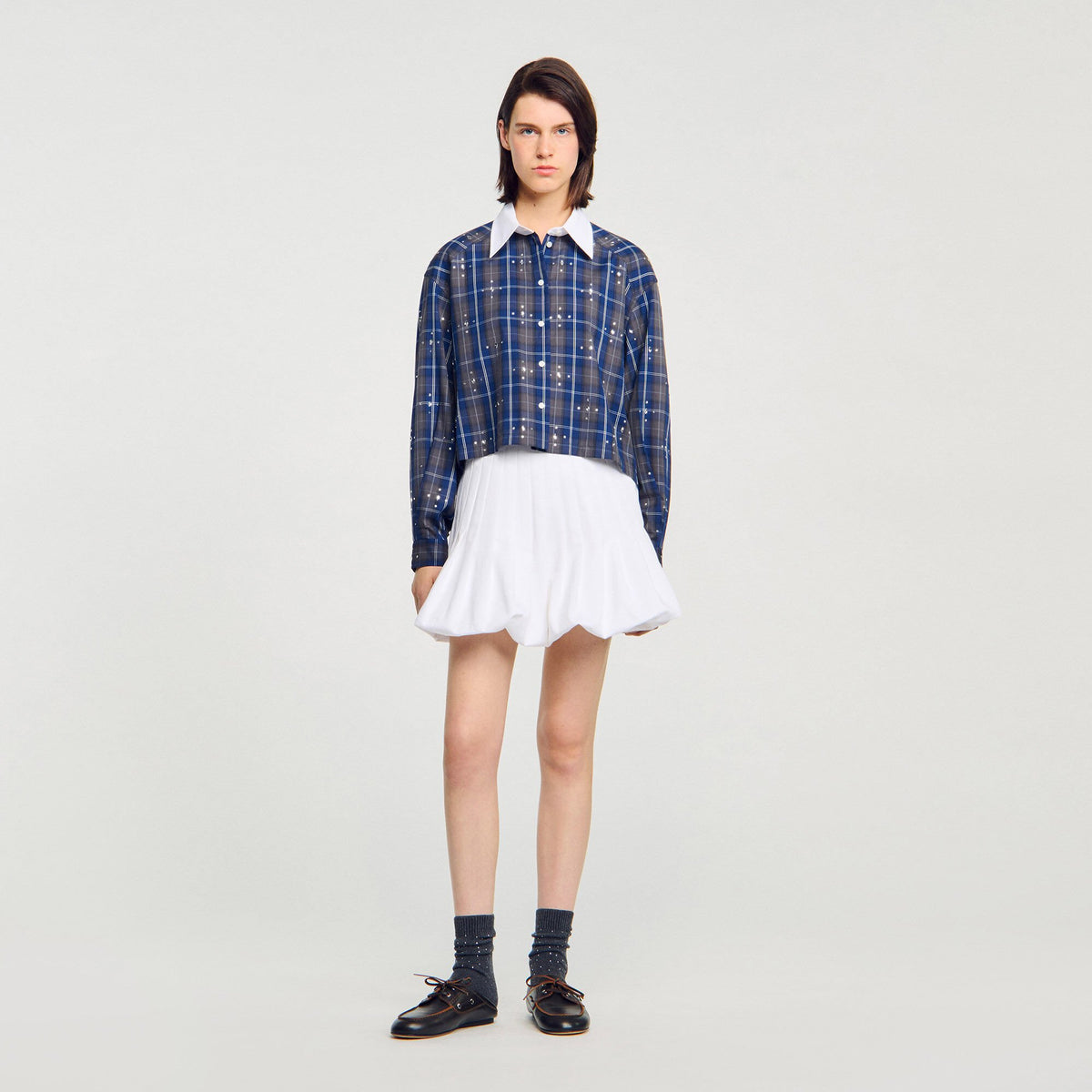 Sandro Rhinestone checkered collar shirt