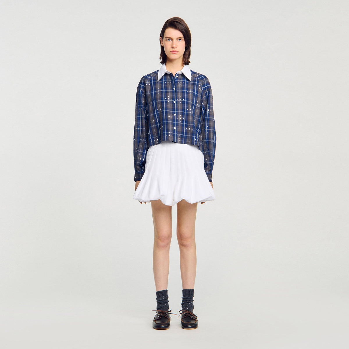 Sandro Rhinestone checkered collar shirt