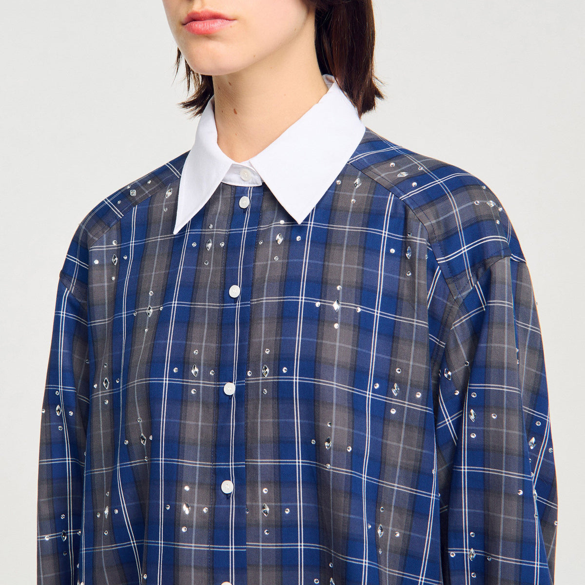 Sandro Rhinestone checkered collar shirt