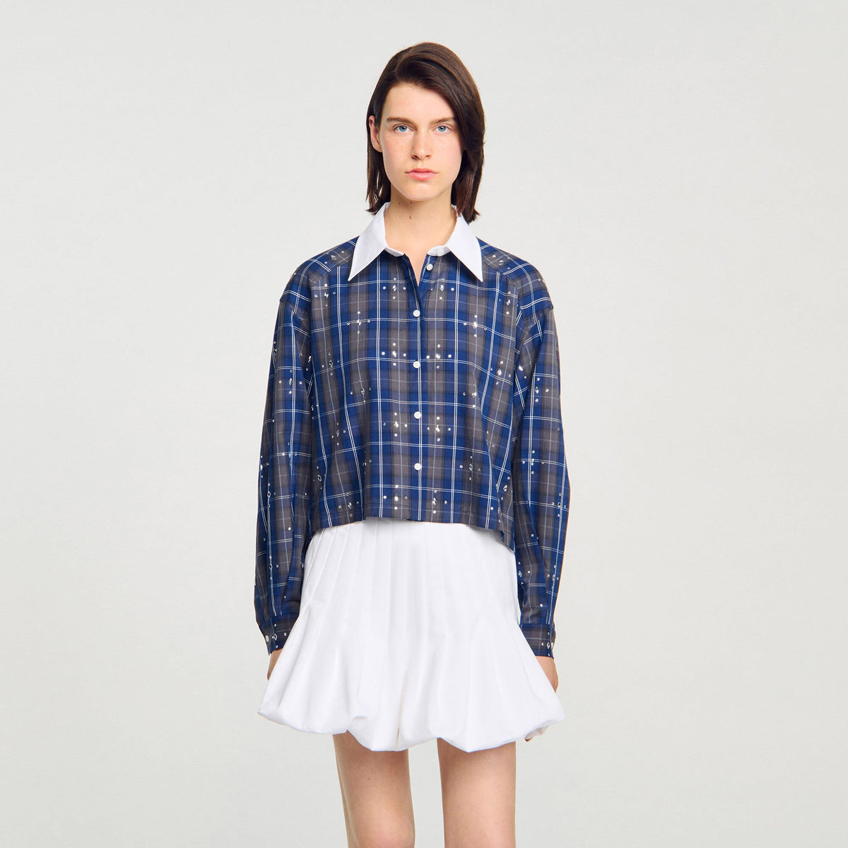Sandro Rhinestone checkered collar shirt