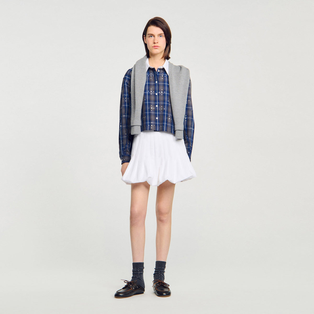 Sandro Rhinestone checkered collar shirt