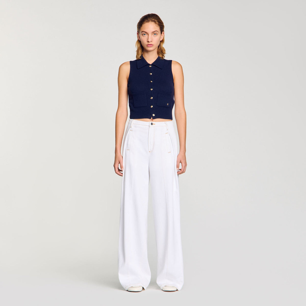 Sandro Topstitched wide-leg jeans