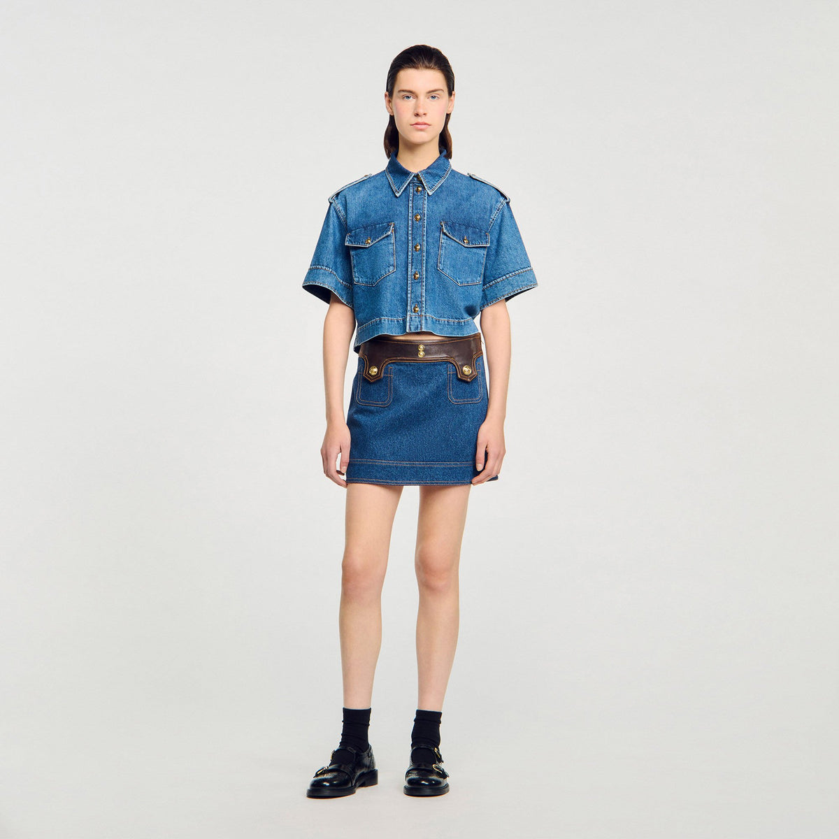 Sandro Mini denim and leather skirt