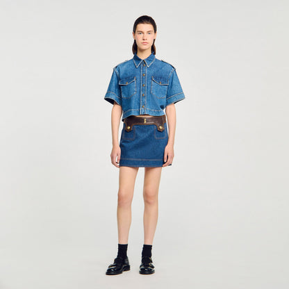 Sandro Mini denim and leather skirt