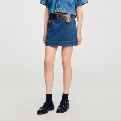 Sandro Mini denim and leather skirt
