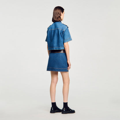 Sandro Mini denim and leather skirt