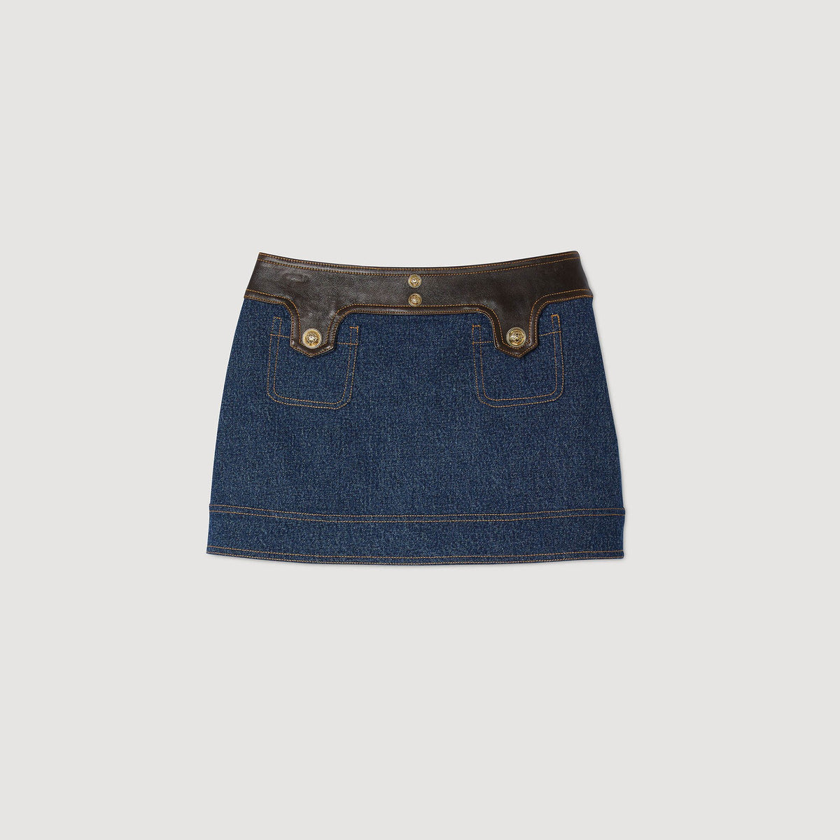 Sandro Mini denim and leather skirt