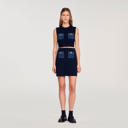 Sandro Mini knit and denim skirt