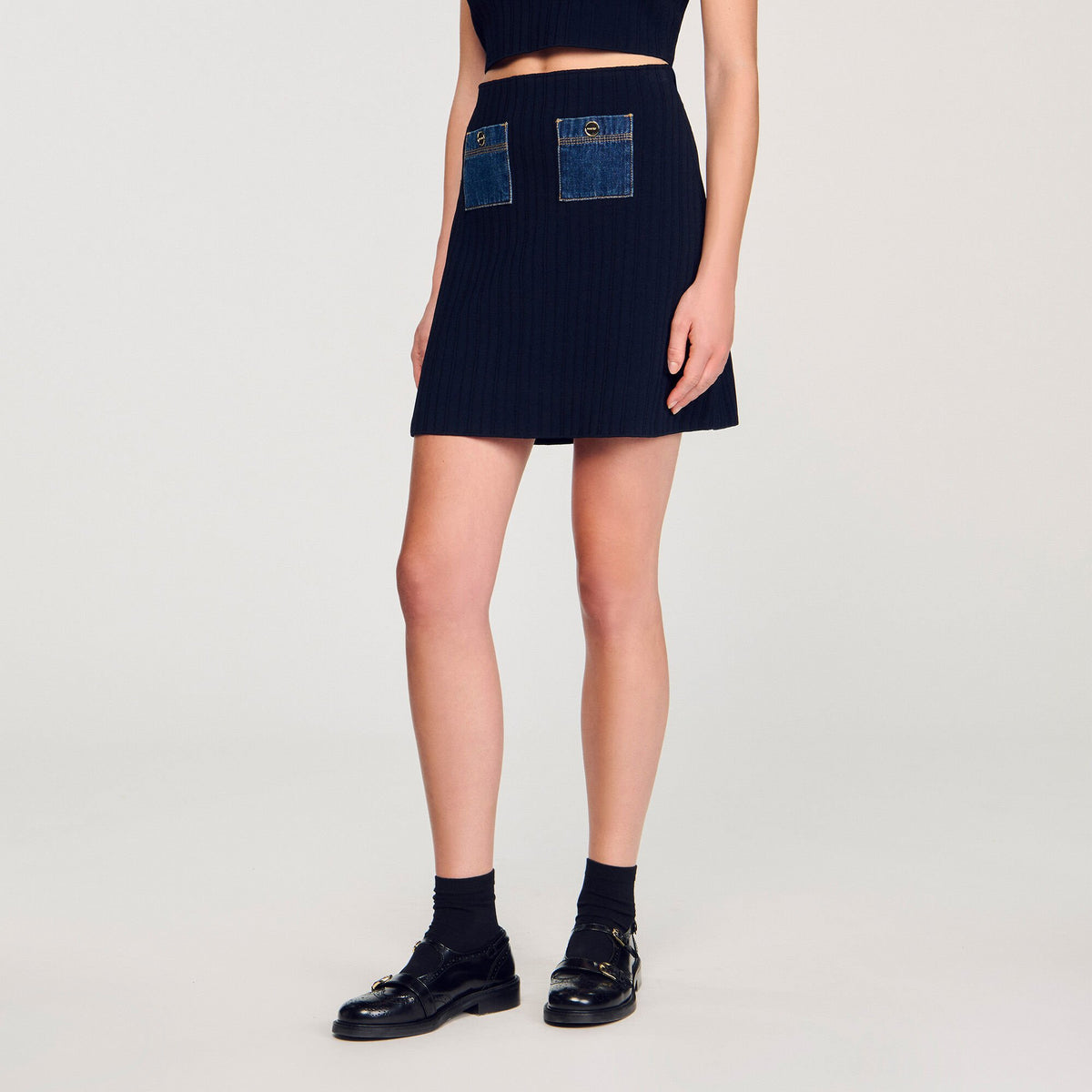 Sandro Mini knit and denim skirt