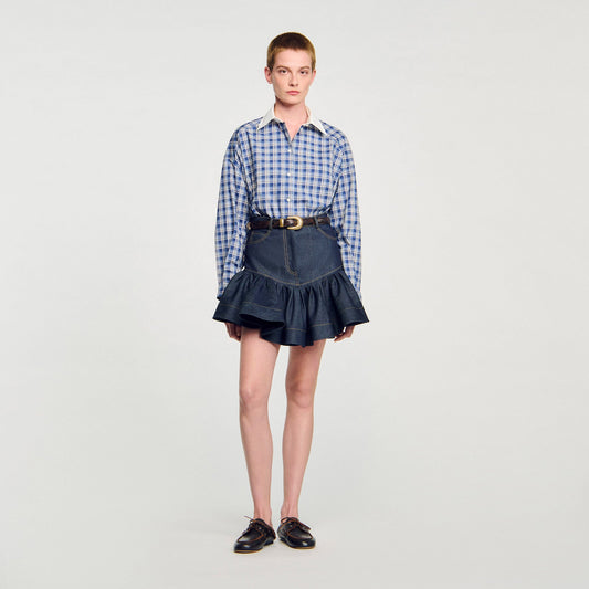 Sandro Mini denim ruffled skirt