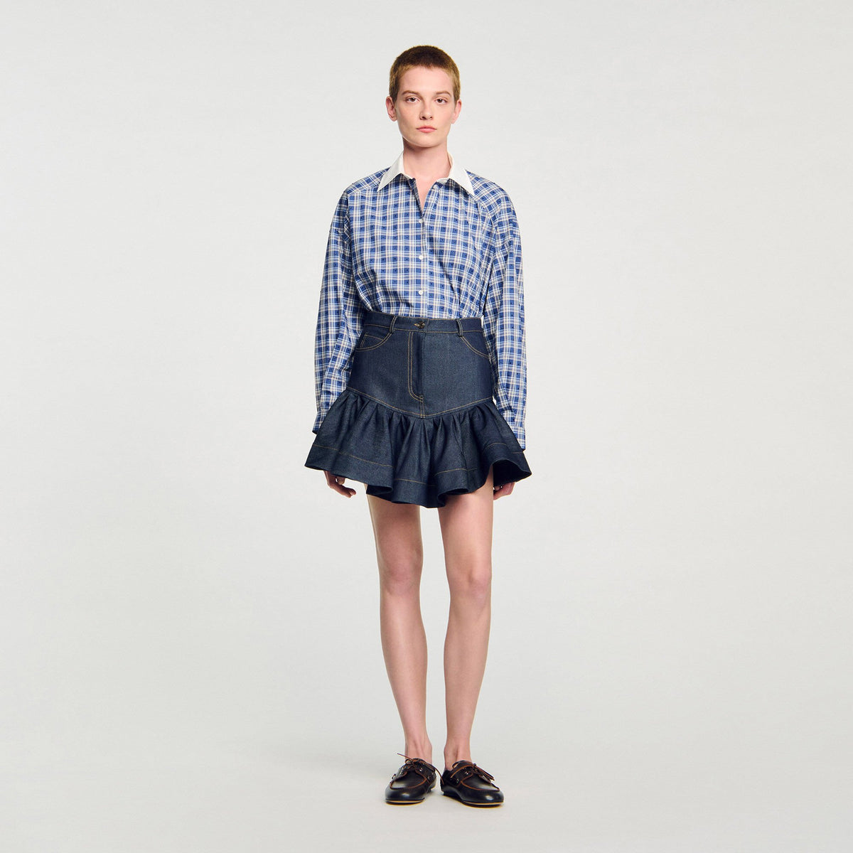 Sandro Mini denim ruffled skirt