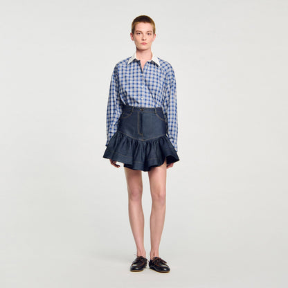 Sandro Mini denim ruffled skirt