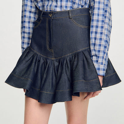 Sandro Mini denim ruffled skirt
