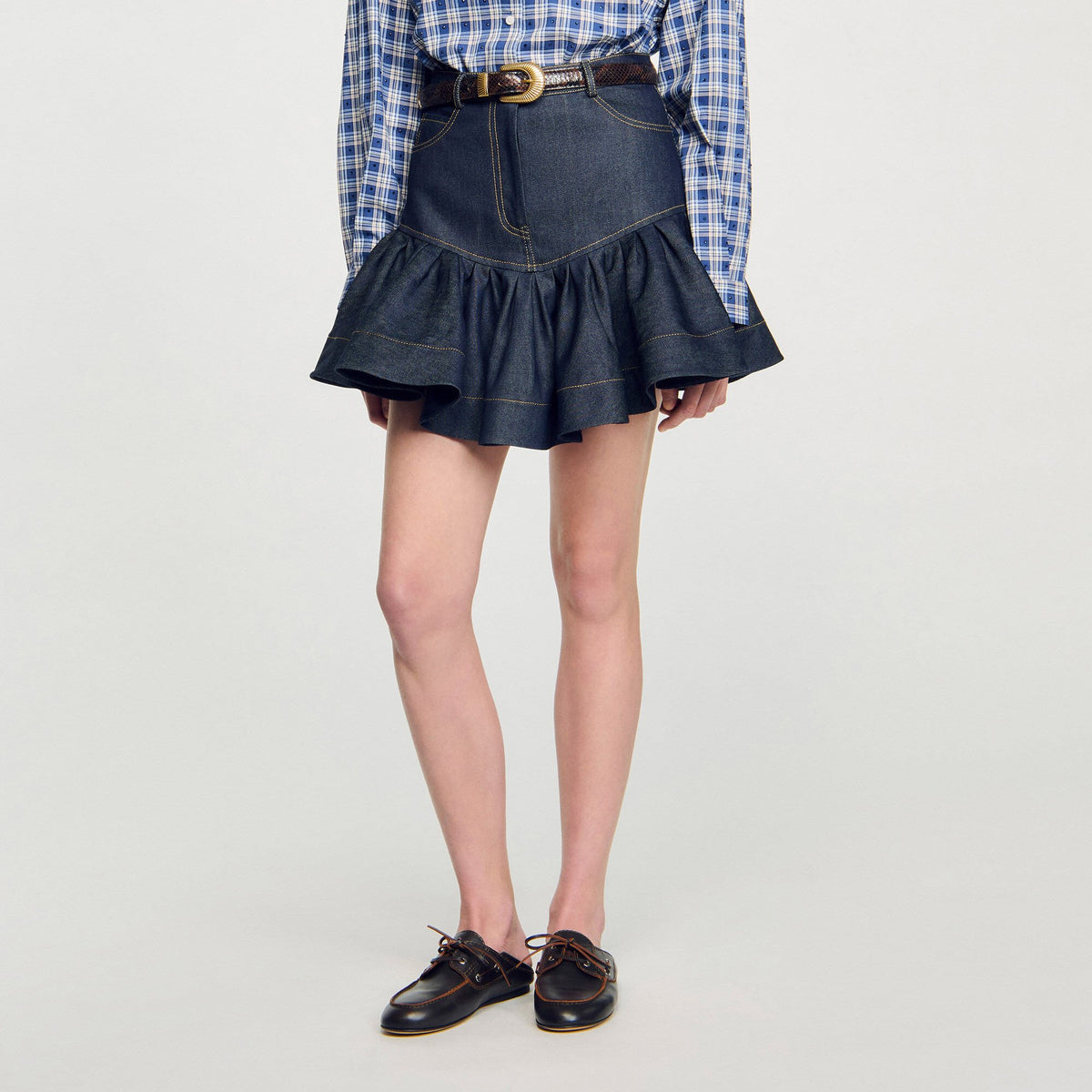 Sandro Mini denim ruffled skirt