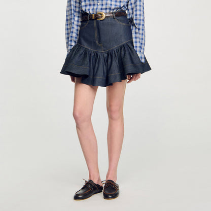 Sandro Mini denim ruffled skirt