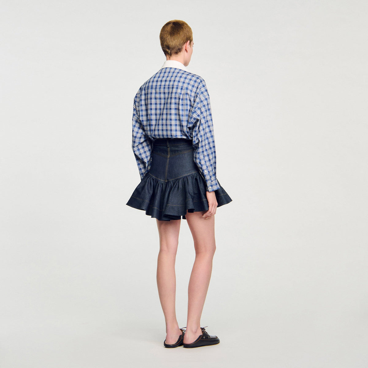 Sandro Mini denim ruffled skirt