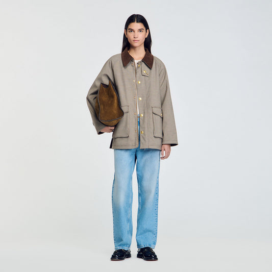 Sandro Check coat with velvet collar