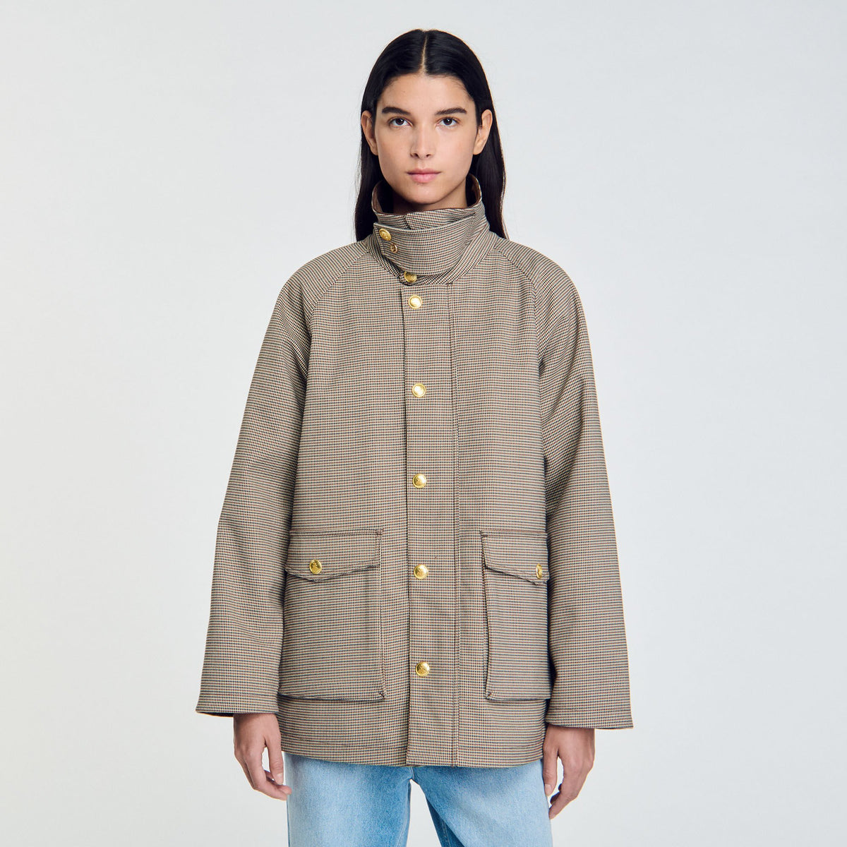 Sandro Check coat with velvet collar