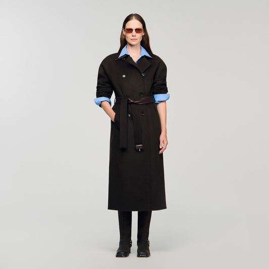 Sandro Long wool and leather coat