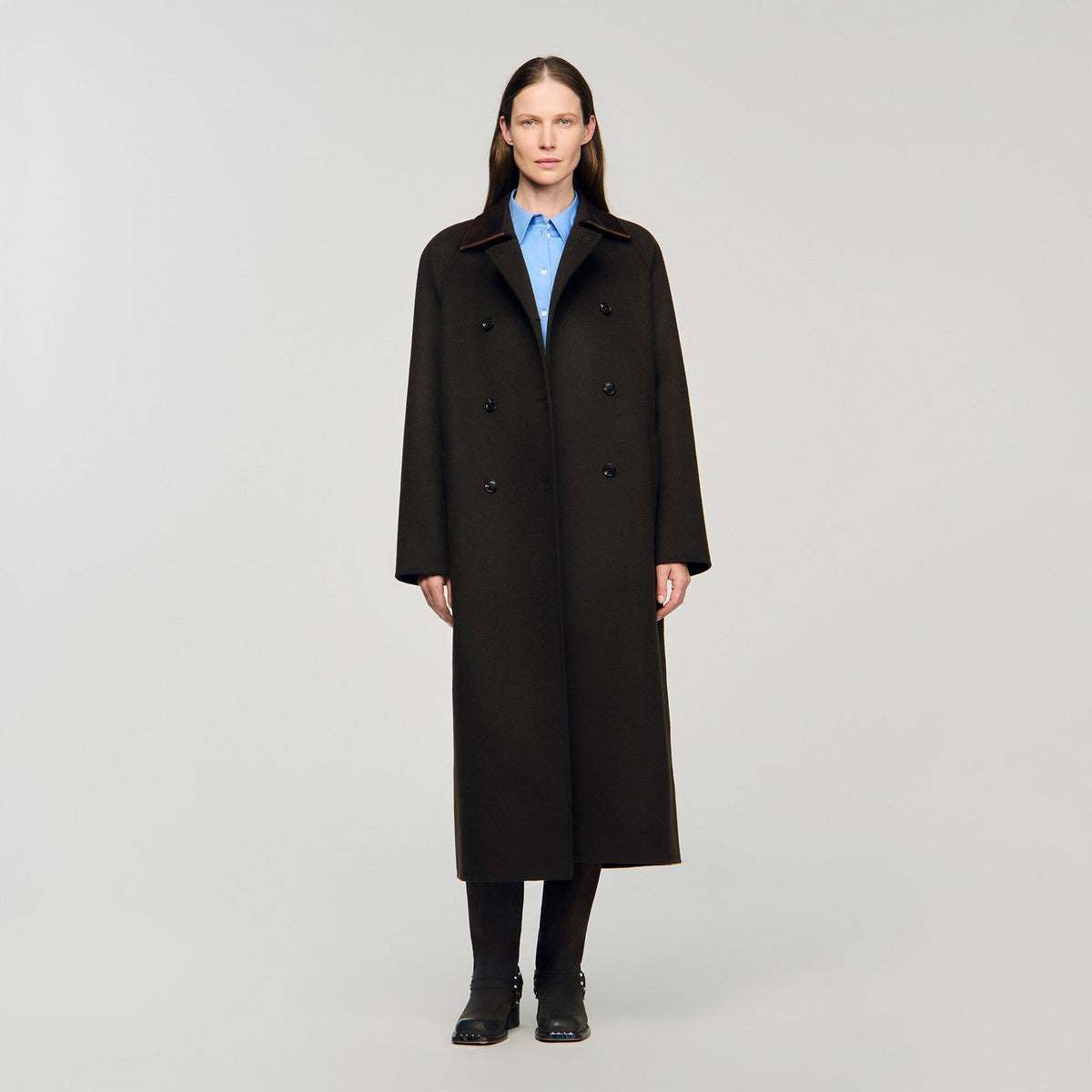 Sandro Long wool and leather coat