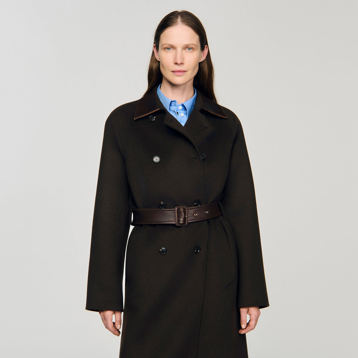 Sandro Long wool and leather coat