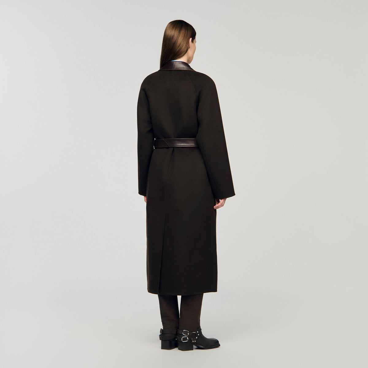 Sandro Long wool and leather coat