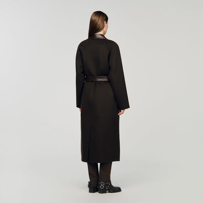 Sandro Long wool and leather coat
