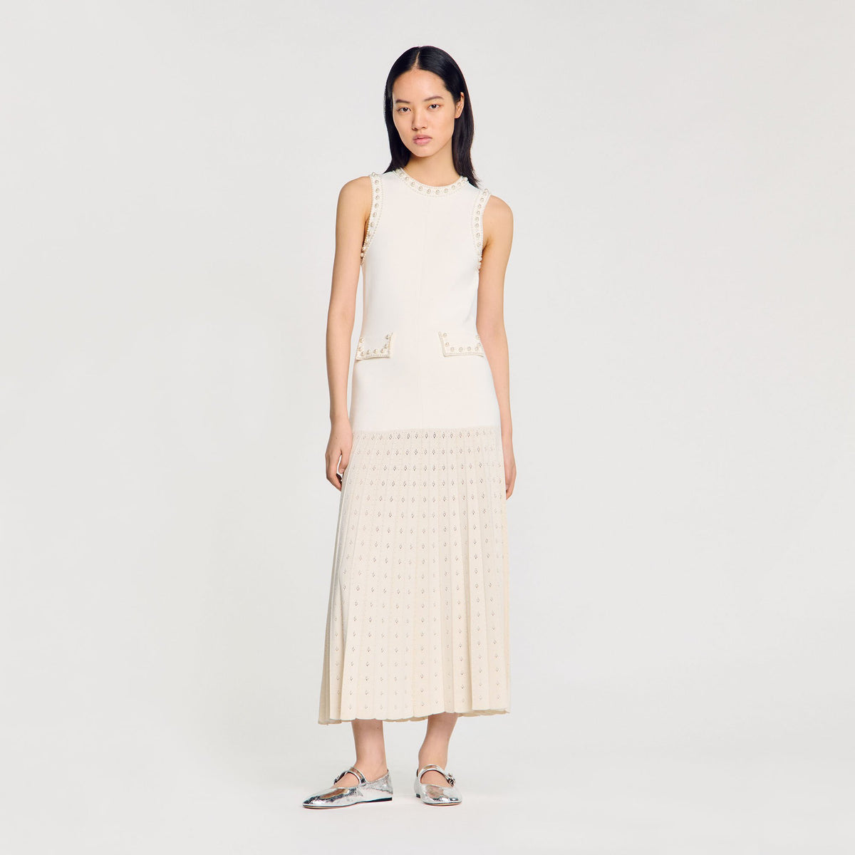 Sandro Pearl bead knit maxi dress